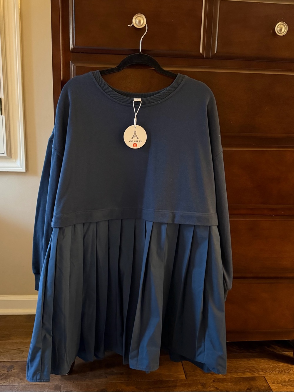 Anrabess Navy Blue Pleated Mini Dress with Sweatshirt Top